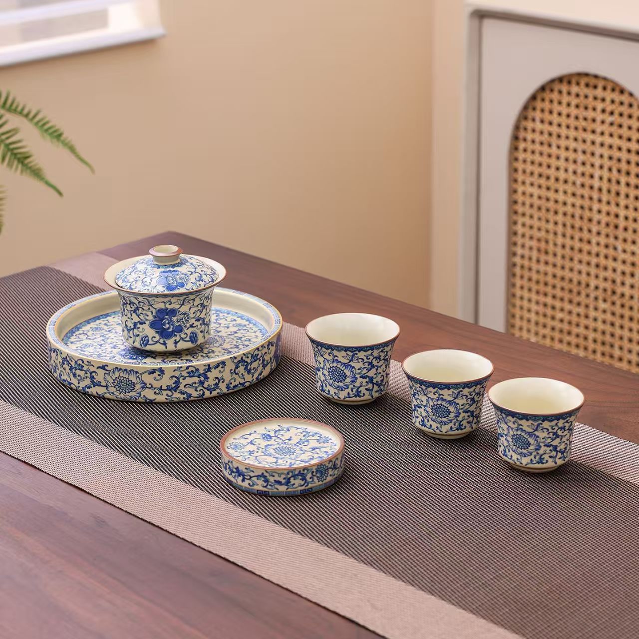 汝窑青花盖碗缠枝莲功夫茶具中式轻奢壶承茶杯茶具小套装会客送礼