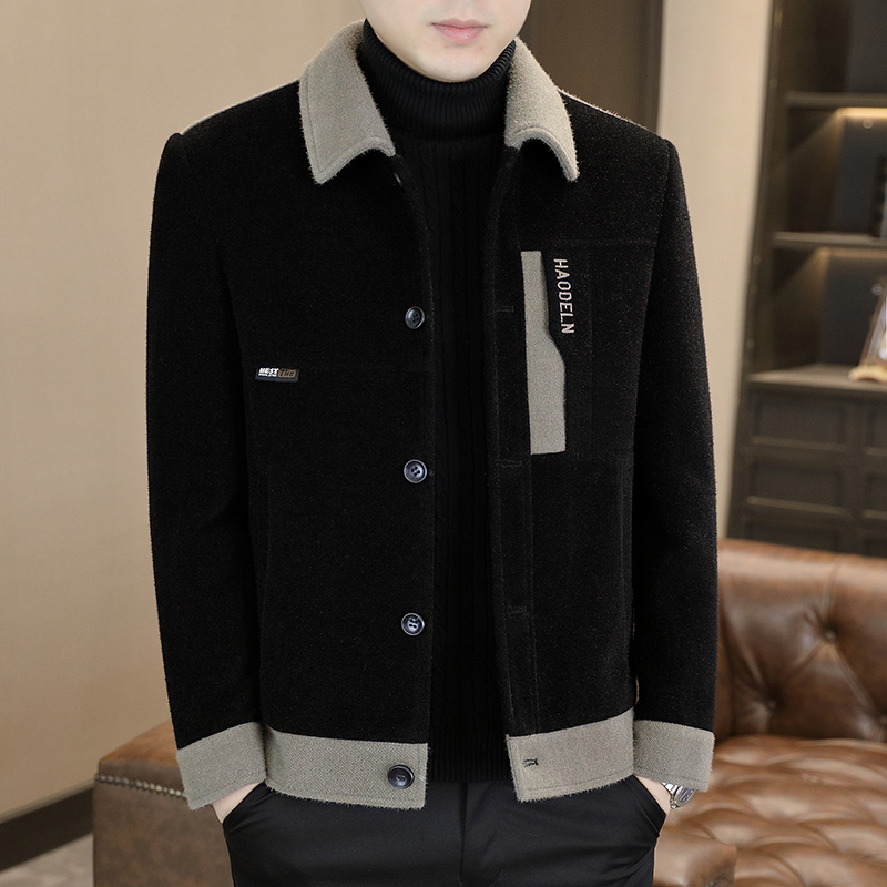 男士秋冬新款拼接不掉毛翻领防寒保暖毛呢大衣呢子外套休闲呢大衣