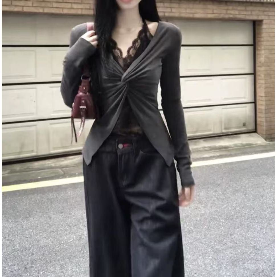 （倩倩）大码纯欲风假两件蕾丝挂脖上衣女秋性感扭结修身上衣9230