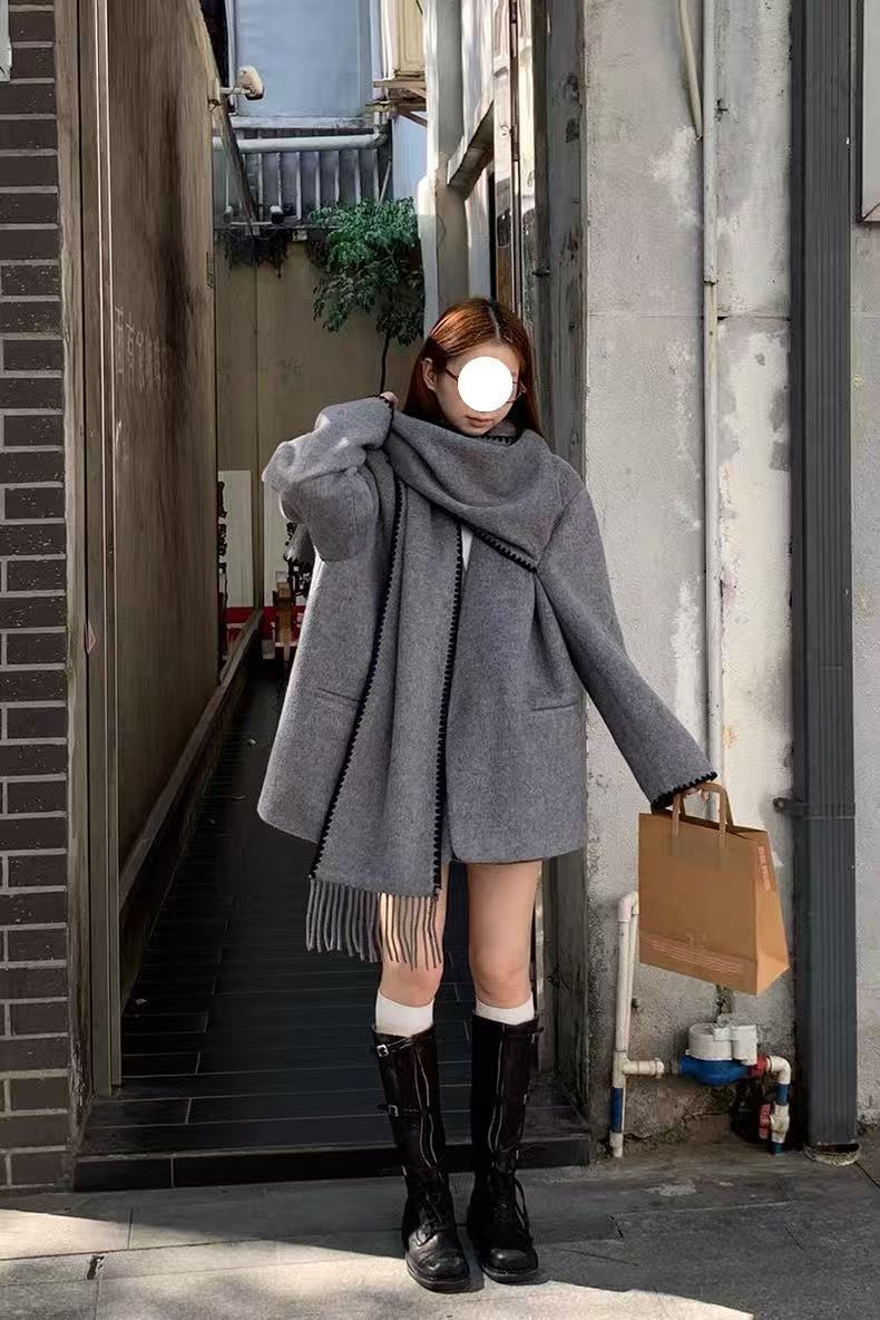 赫本风 毛呢灰大衣#2535