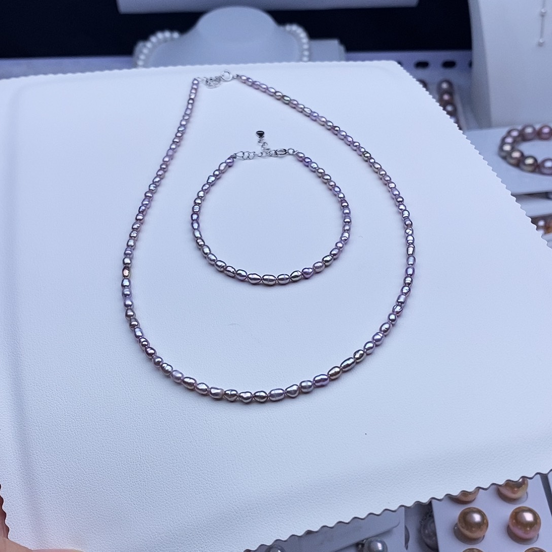 颈饰银S925镶嵌淡水珍珠3mm香芋紫串链手链一套