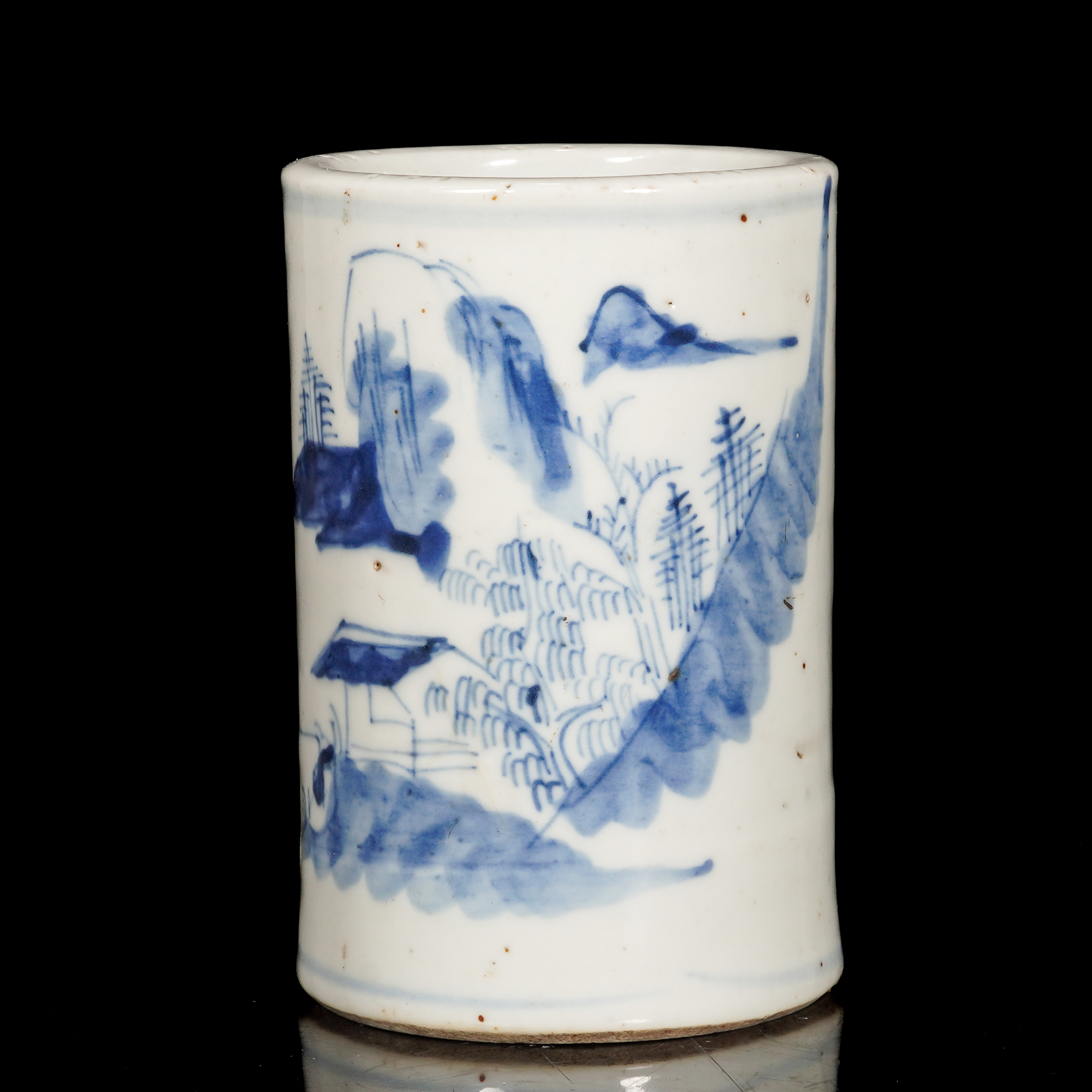 清晚期青花山水纹笔筒/C828