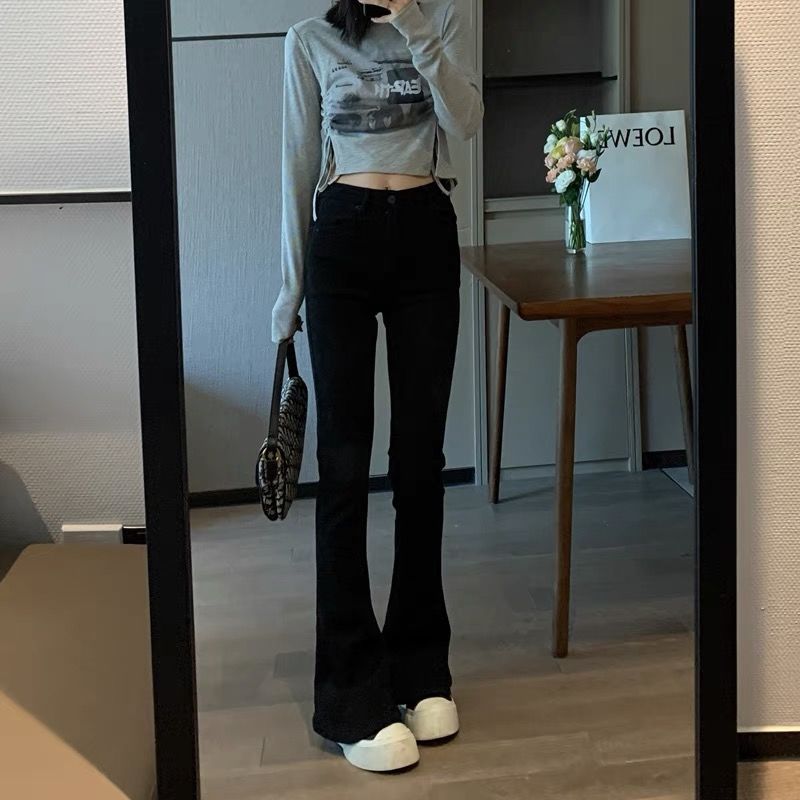 【现货现发】黑色微喇牛仔裤女春季2025年新款高腰修身显瘦马蹄裤