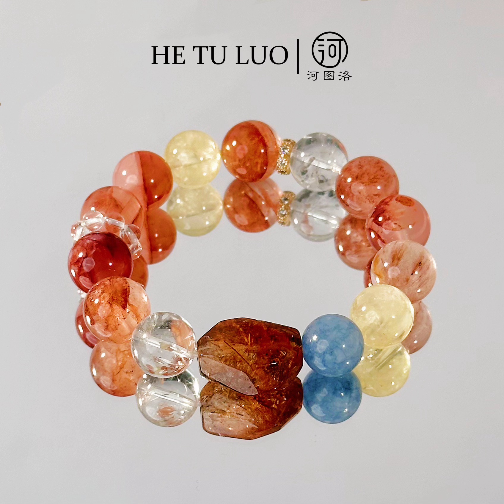 河图洛·「鲤跃龙门」黑金超七兔毛红胶花黄水晶手串【多样性发其一