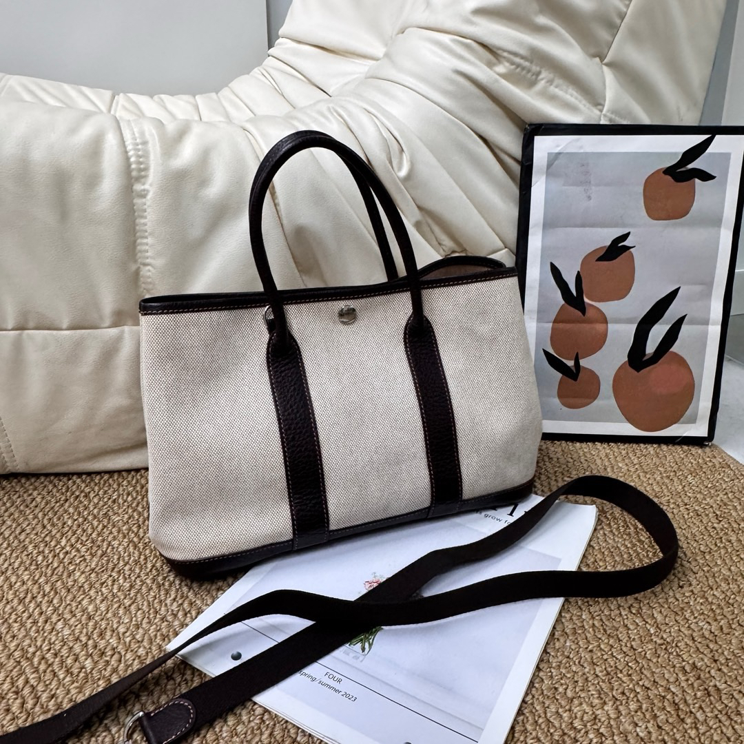 95新 Hermes/爱马仕 Hermes 46乌木色 帆布拼皮 花园30/640986034