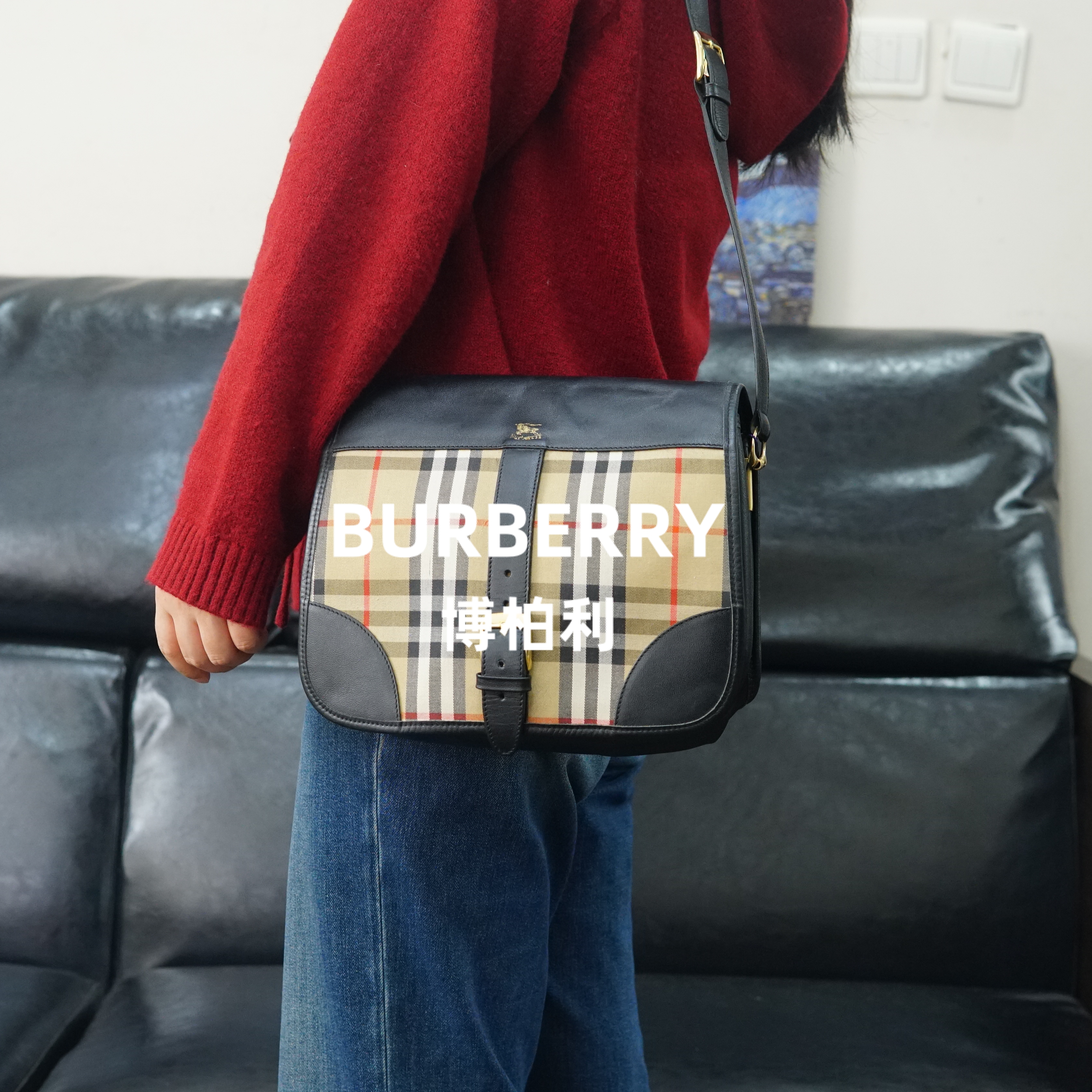 95新 BURBERRY/博柏利 巴宝莉/格纹拼皮斜挎包/JJ07727985/7985