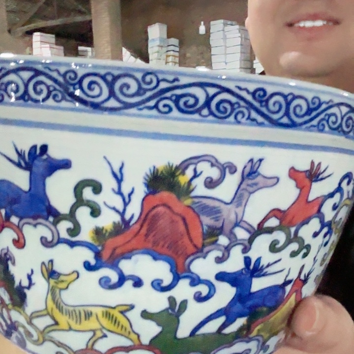 摆件景德镇高温陶瓷鹿缸