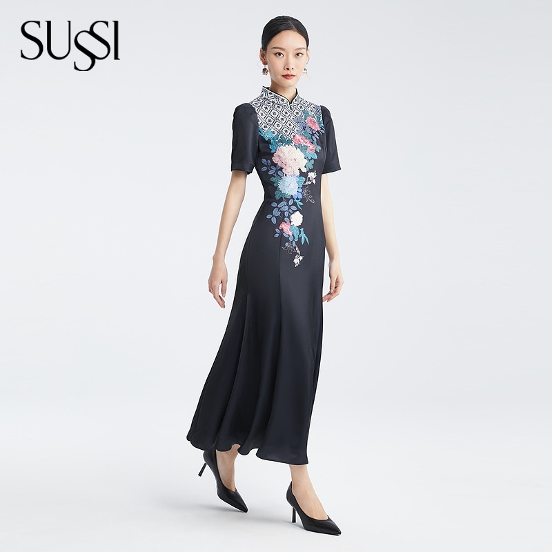 SUSSI/古色秋季新品商场同款黑色中式印花气质鱼尾连衣裙女装