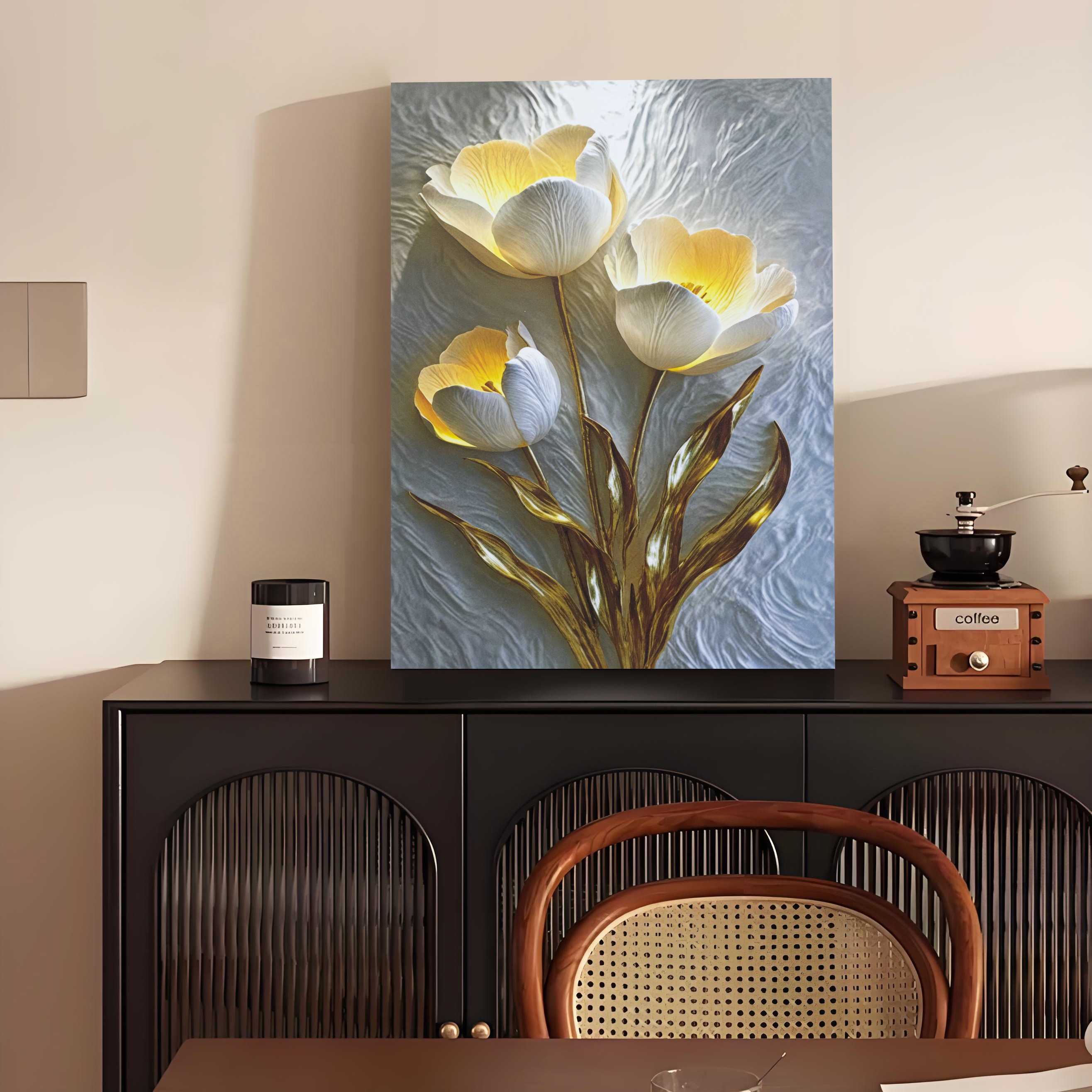 现代简约高级感金蕊闪耀郁金香花卉装饰画适合玄关餐厅花3040
