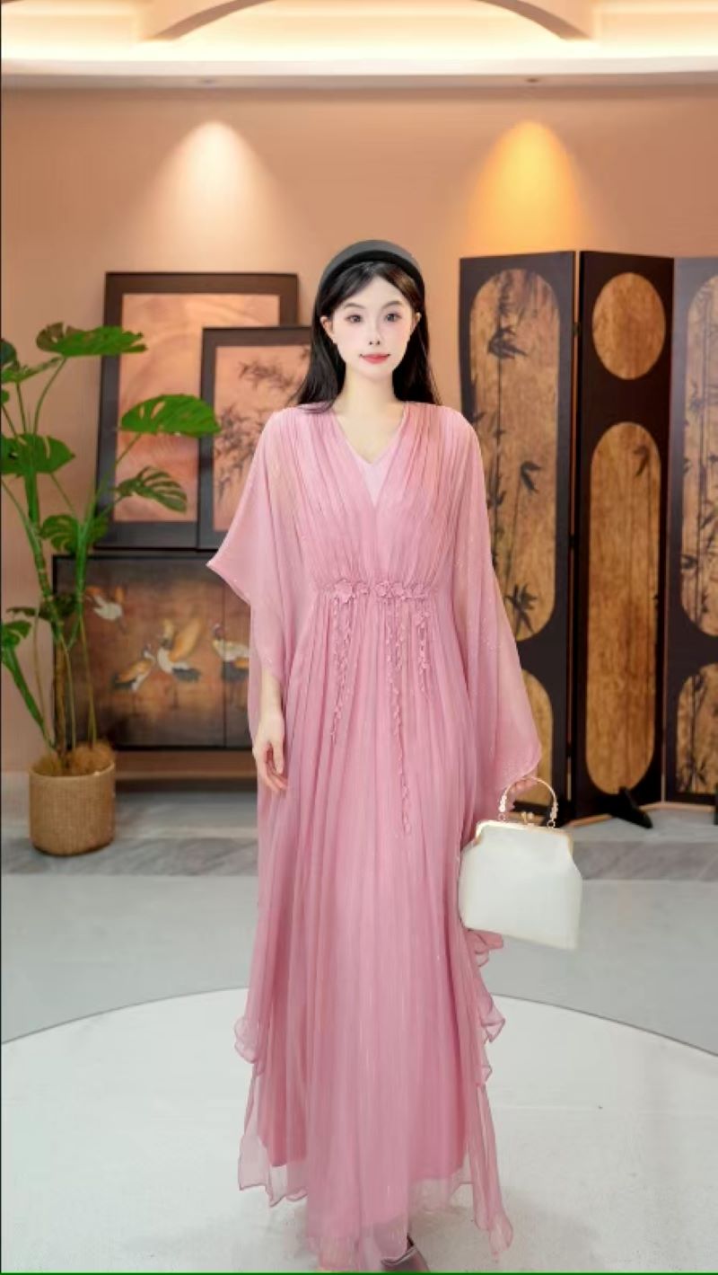 [胭脂]H6198初夏新款桑蚕丝复古宽松连衣裙-贝贝