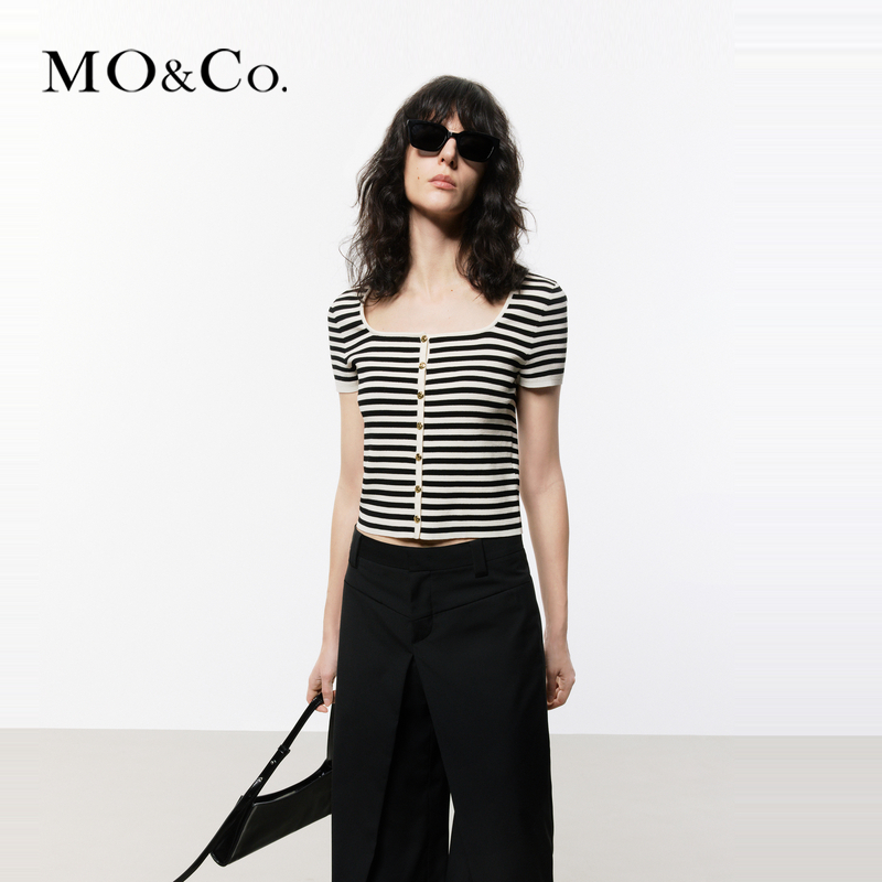 【王雪糕专属】MOCO夏条纹大方领正肩短袖短款针织开衫MBD2CART53