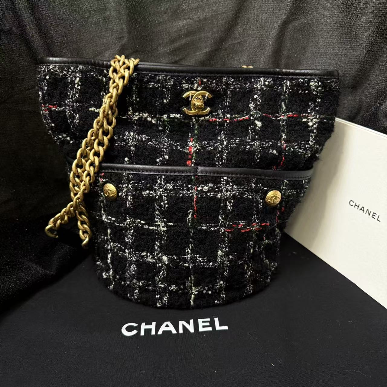 99新 Chanel/香奈儿 任意门奢品/香奈儿22k粗花呢织物水桶包/99新