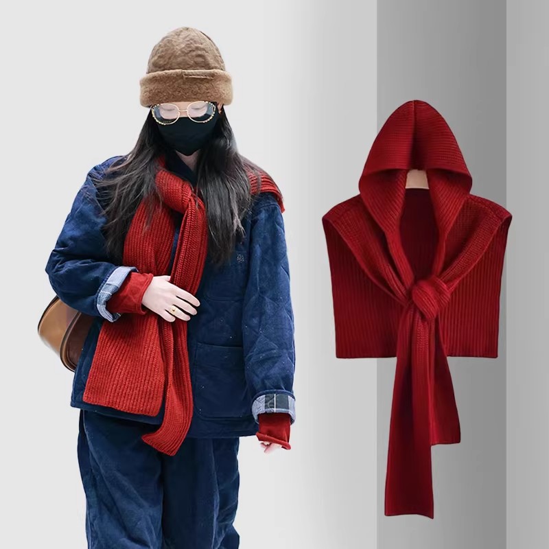 倪妮同款红色针织连帽披肩女秋冬季保暖围巾帽子一体外搭坎肩围脖
