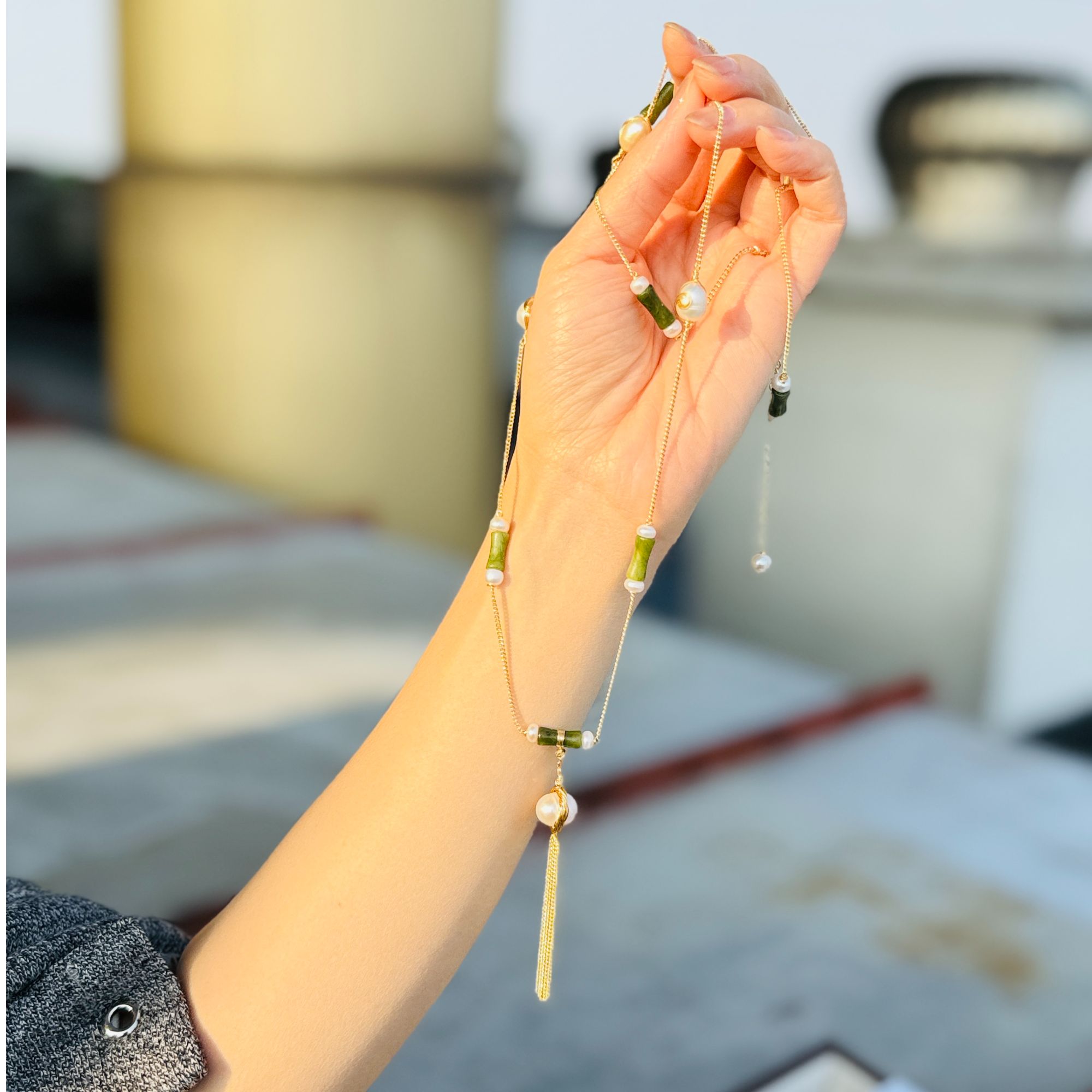 铜合金项链 有间喜舍  新中式复古轻奢气质竹节流苏毛衣链 X011