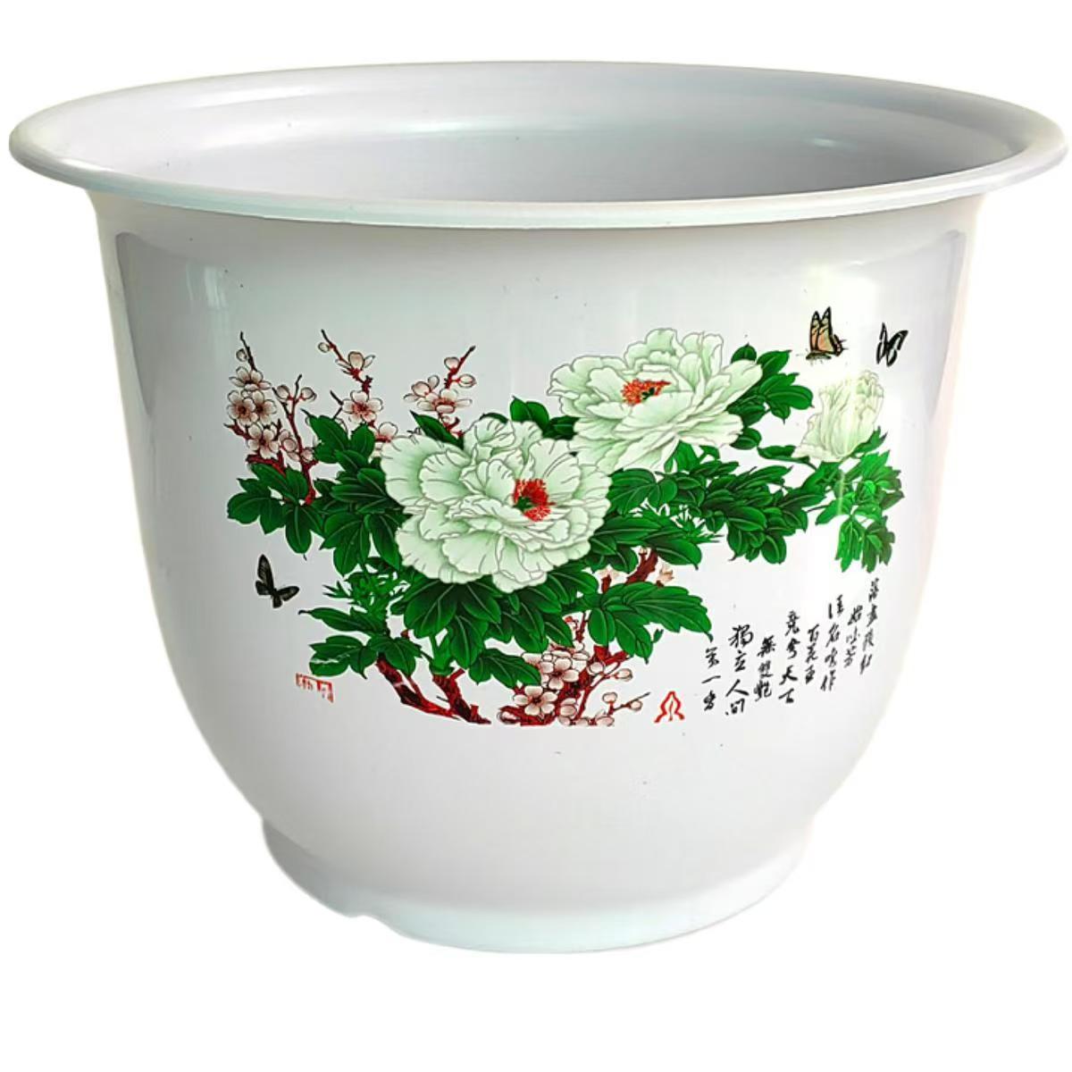 【拍1发4】23cm口径加厚树脂花盆仿陶瓷花盆白色牡丹加仑加厚多肉盆