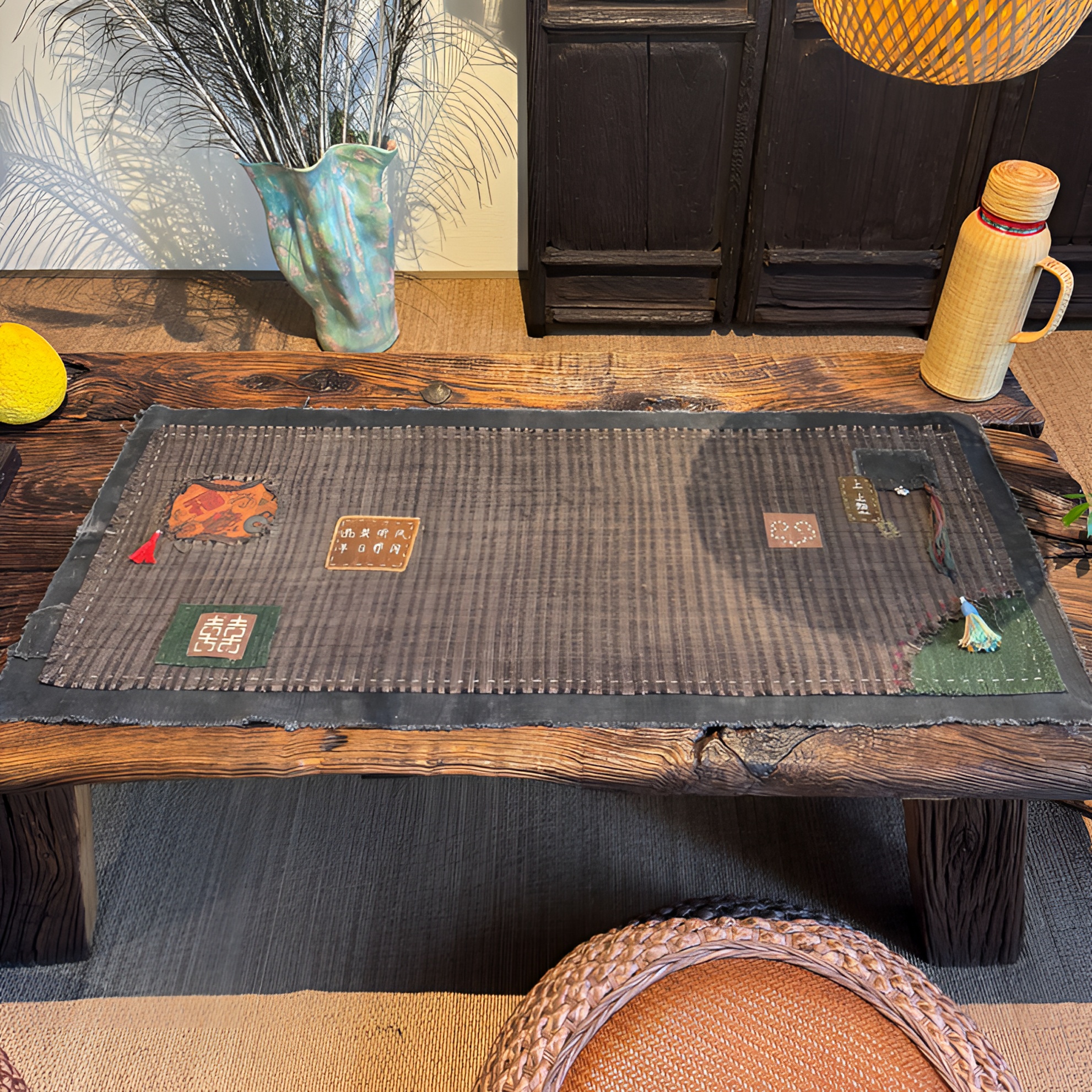 柿染火草麻拼布补丁手工刺绣茶席（款式 尺寸可挑选）