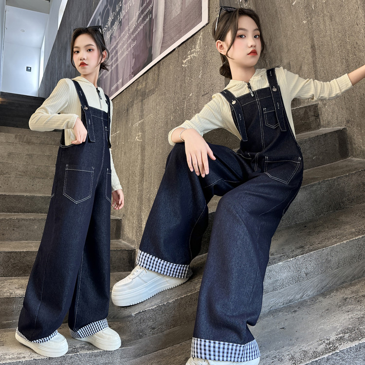 女童背带裤套装2025秋季新款儿童长袖长裤两件套大童女孩牛仔套装