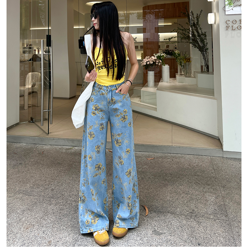 印花碎花阔腿牛仔裤女2025年夏天薄款高腰显瘦垂感堆堆直筒裤长裤