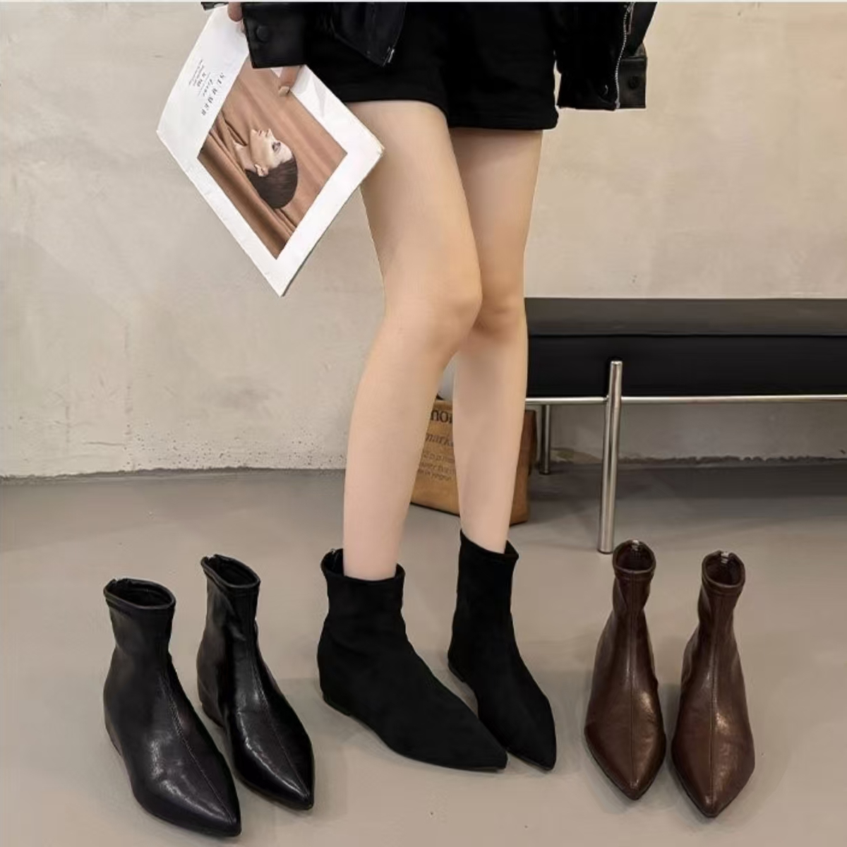 绝美小众低跟尖头瘦瘦短靴女鞋2025秋冬新款百搭内增高及踝时装靴