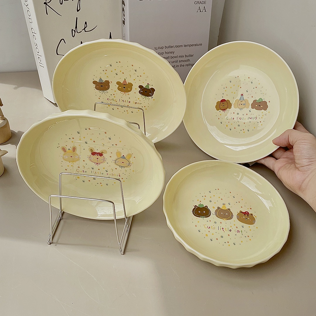 动物派对8英寸大圆盘釉下彩奶油风卡通简约可爱汤盘早餐盘沙拉盘