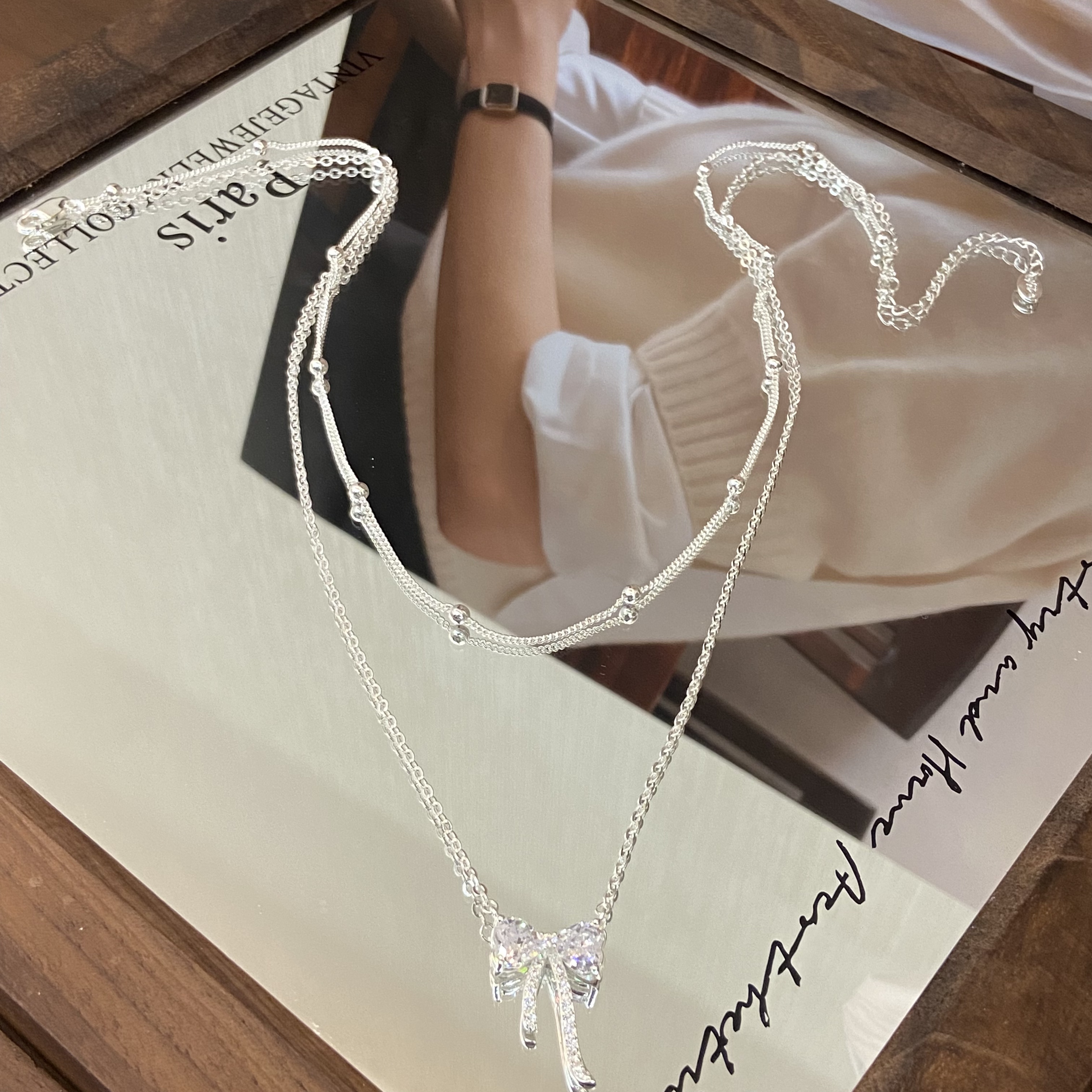 铜合金项链 镀K金 泡泡拼接蝴蝶结 双层不可拆卸项链X8172