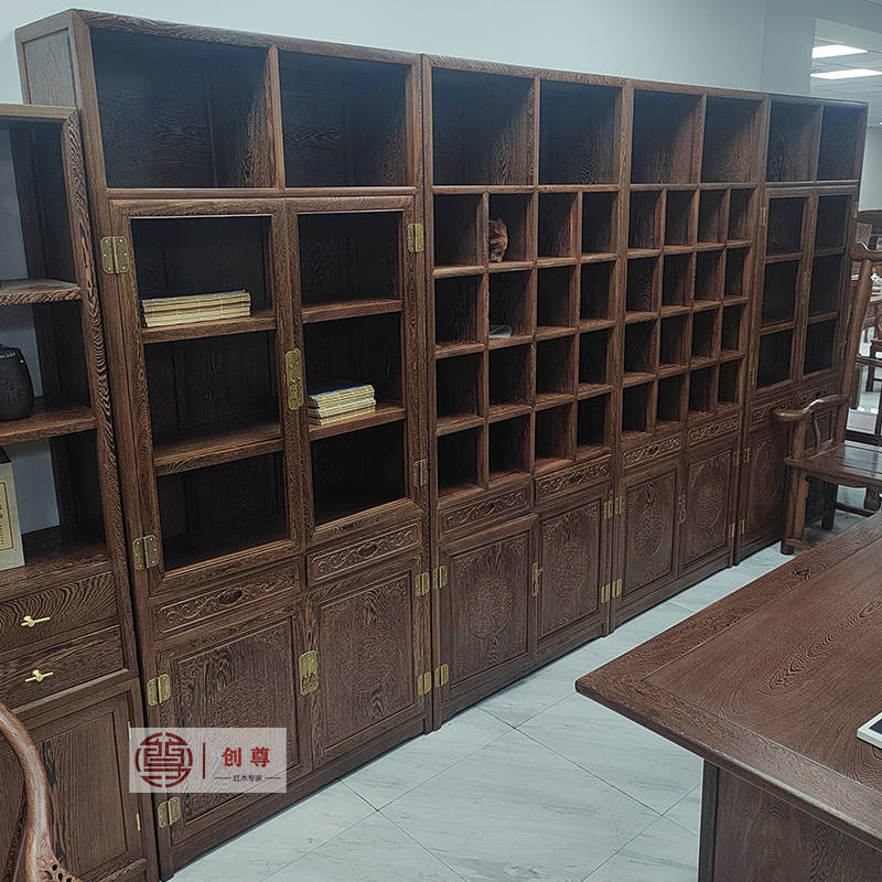 红木家具鸡翅木加高书架书柜四组合储物收纳中药建盏茶杯茶叶柜