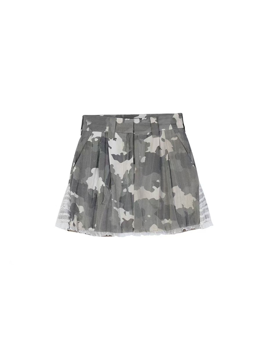 OIIORIRI 设计师品牌 25春夏新品蕾丝网纱拼接迷彩短裙女百搭裙子