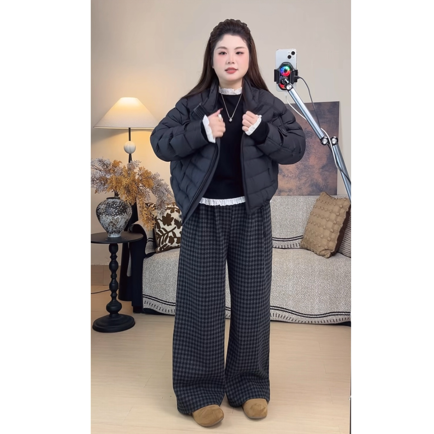 阔腿裤加绒休闲裤女款爆款2025新款秋冬季大码宽松外穿格子裤子女