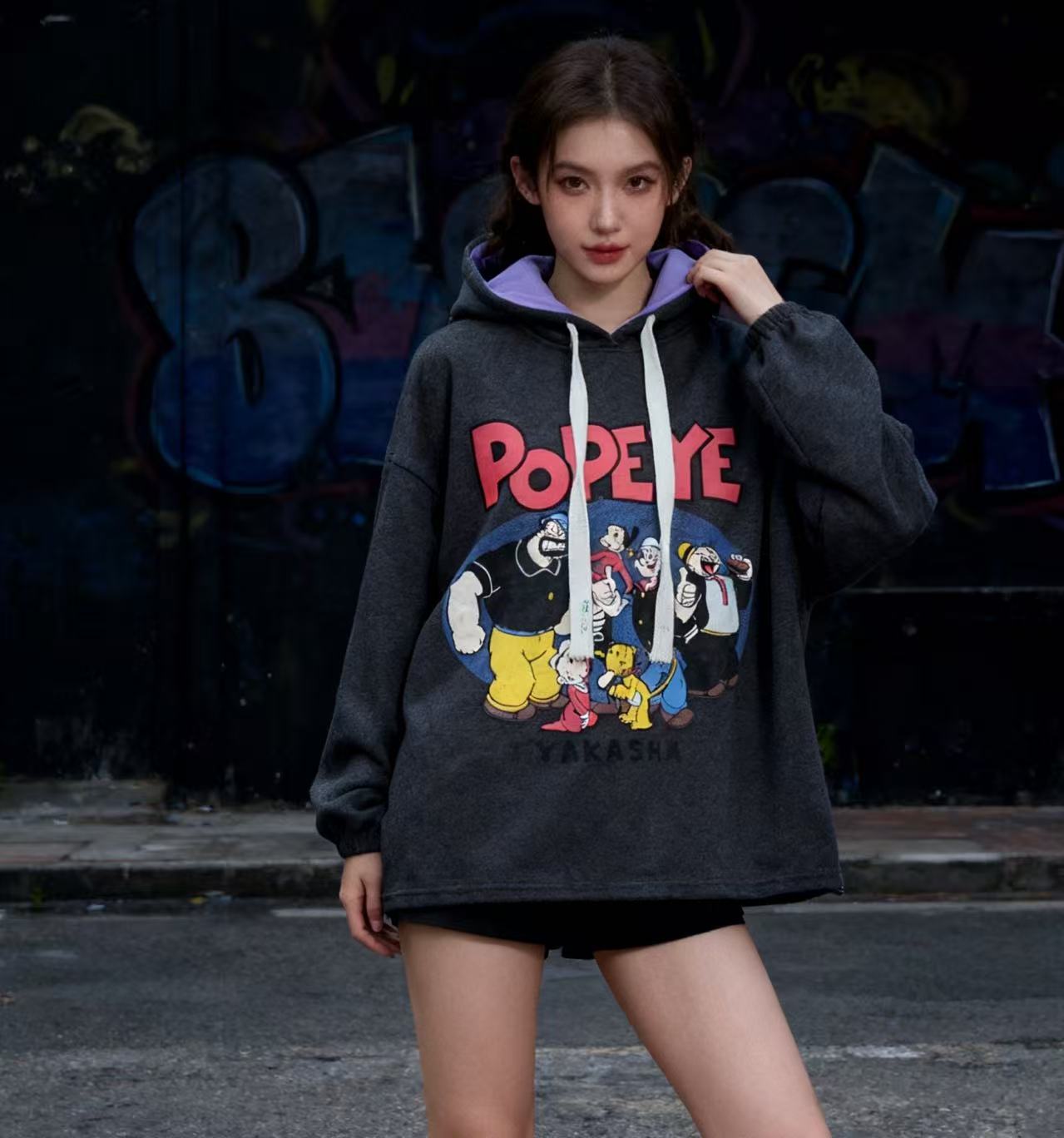 中长款印花女式秋季棉加绒连帽卫衣秋冬休闲卫衣秋冬季