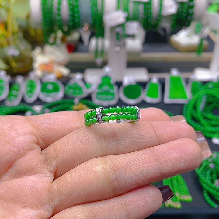 翡翠戒指银S925镶嵌圆珠戒圈2.5