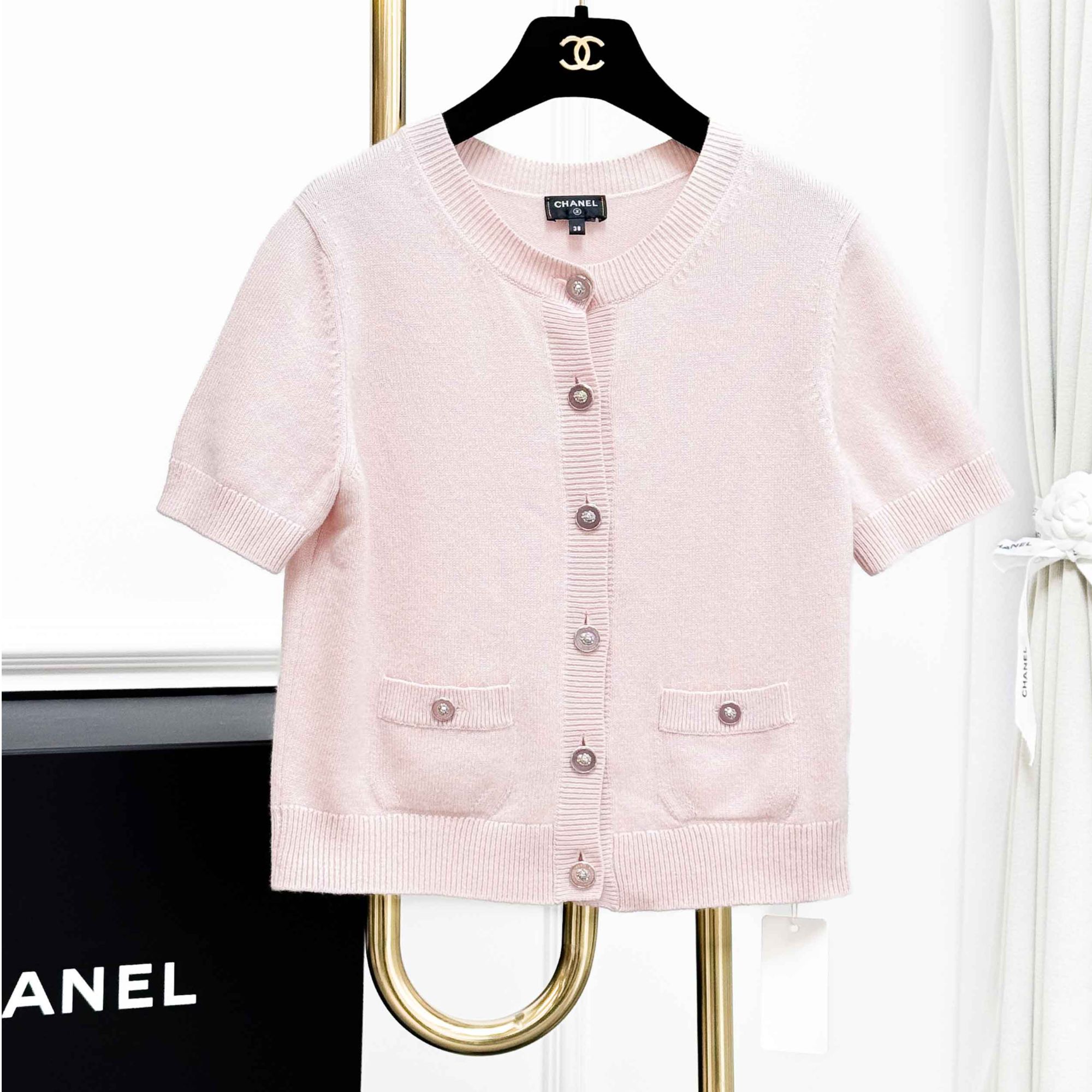 99新 Chanel/香奈儿 38码 粉色 短袖 短款 针织 开衫