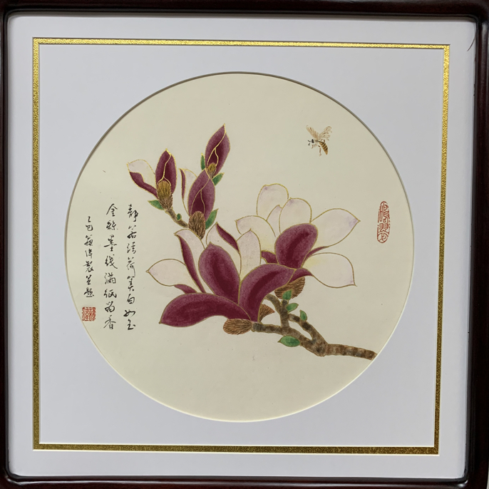 工笔手绘金线玉兰实木框3 8 x 3 8