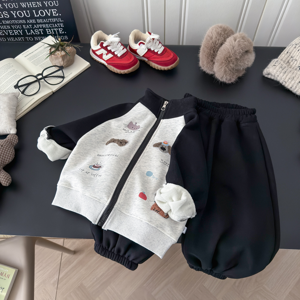 【加绒加厚】2025秋冬季卫衣小狗印花新款儿童卡通宽松韩版套装