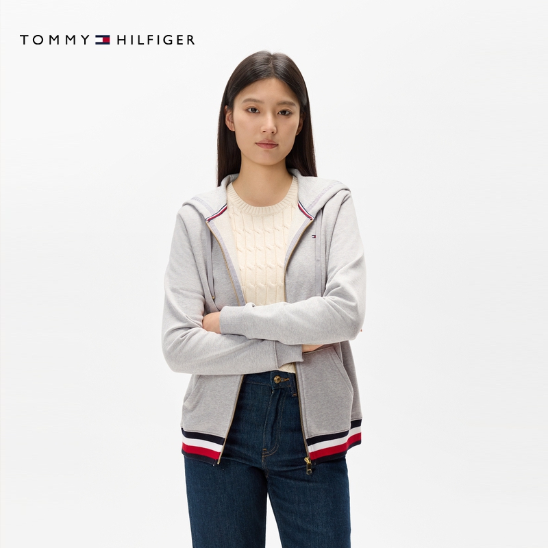 Tommy秋冬女装纯棉休闲通勤运动风拼色条纹连帽拉链开衫卫衣外套