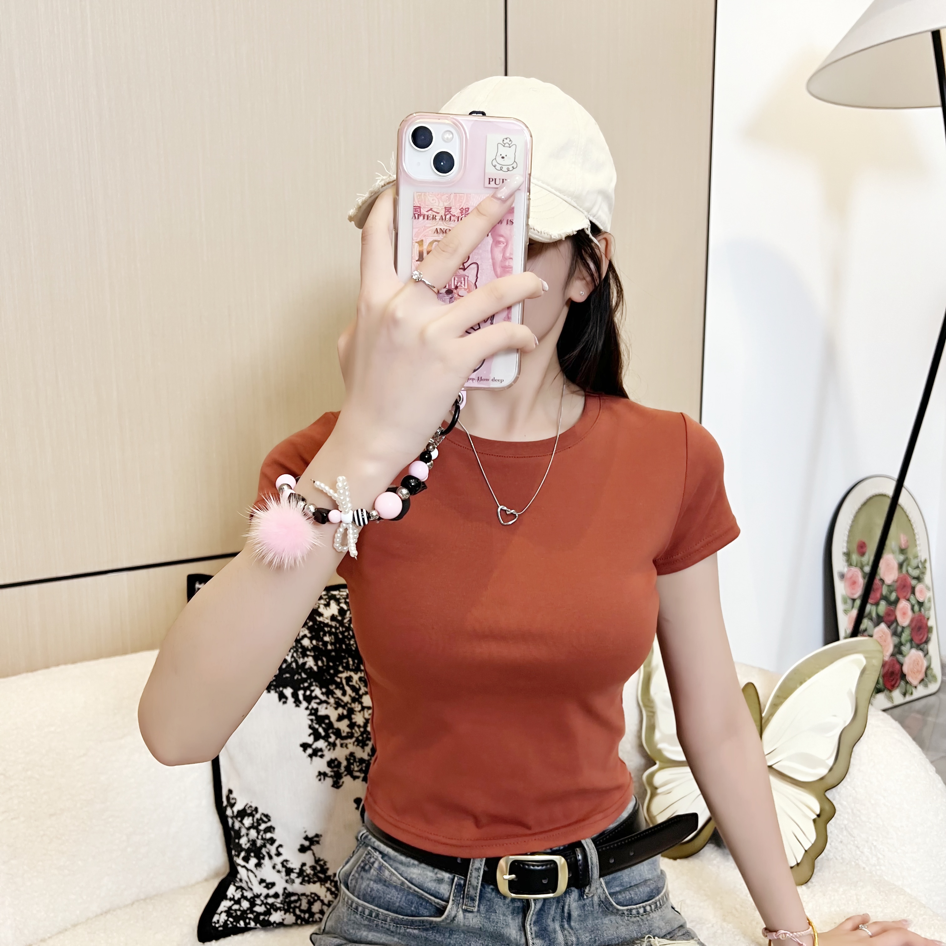 掐腰正肩短袖t恤女夏季新款紧身打底衫纯色基础款小圆领短款上衣