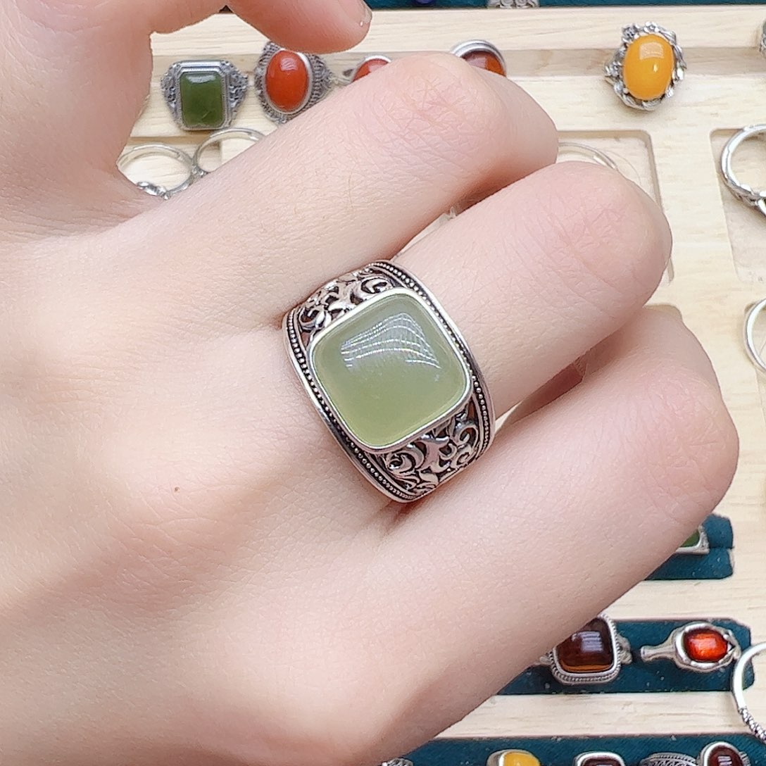 和田玉戒指银S925镶嵌