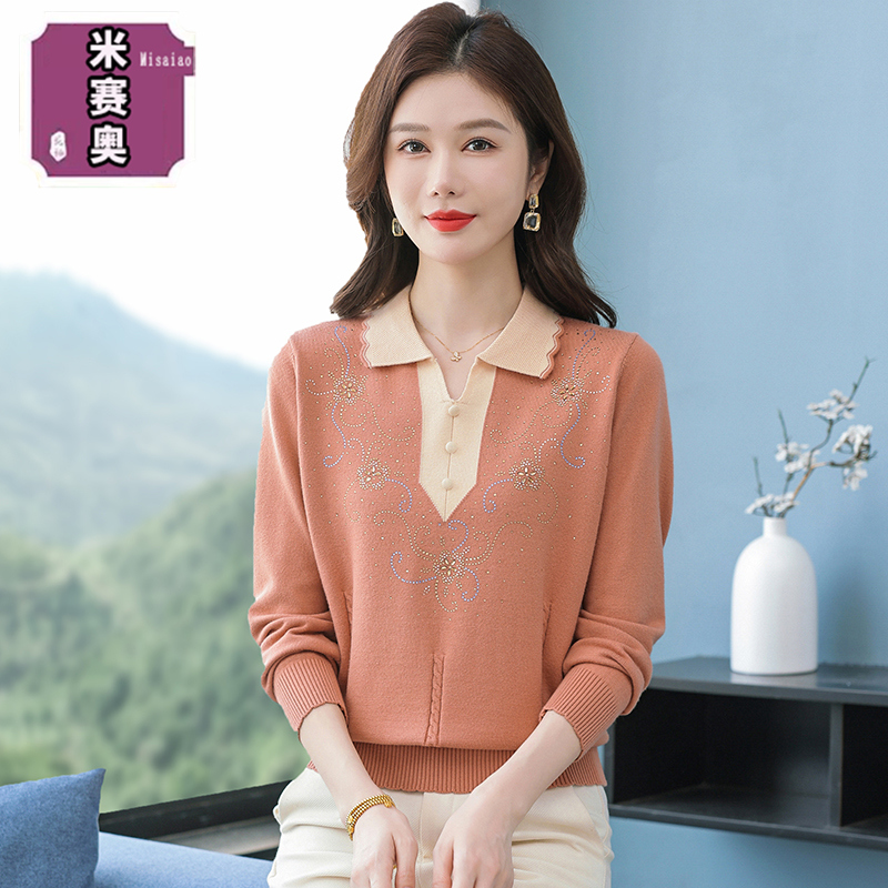 2025新款洋气妈妈装打底衫中年春秋长袖针织衫中老年翻领宽松毛衣