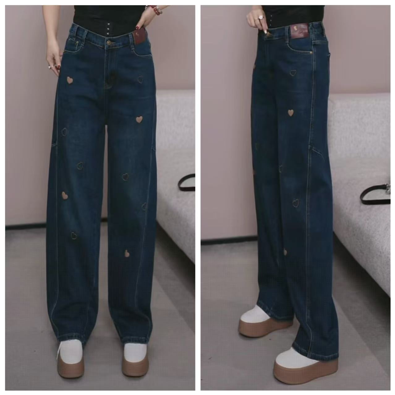 品牌【爱心刺绣花休闲直筒牛仔裤】FL 86011【No退换】瑕疵品