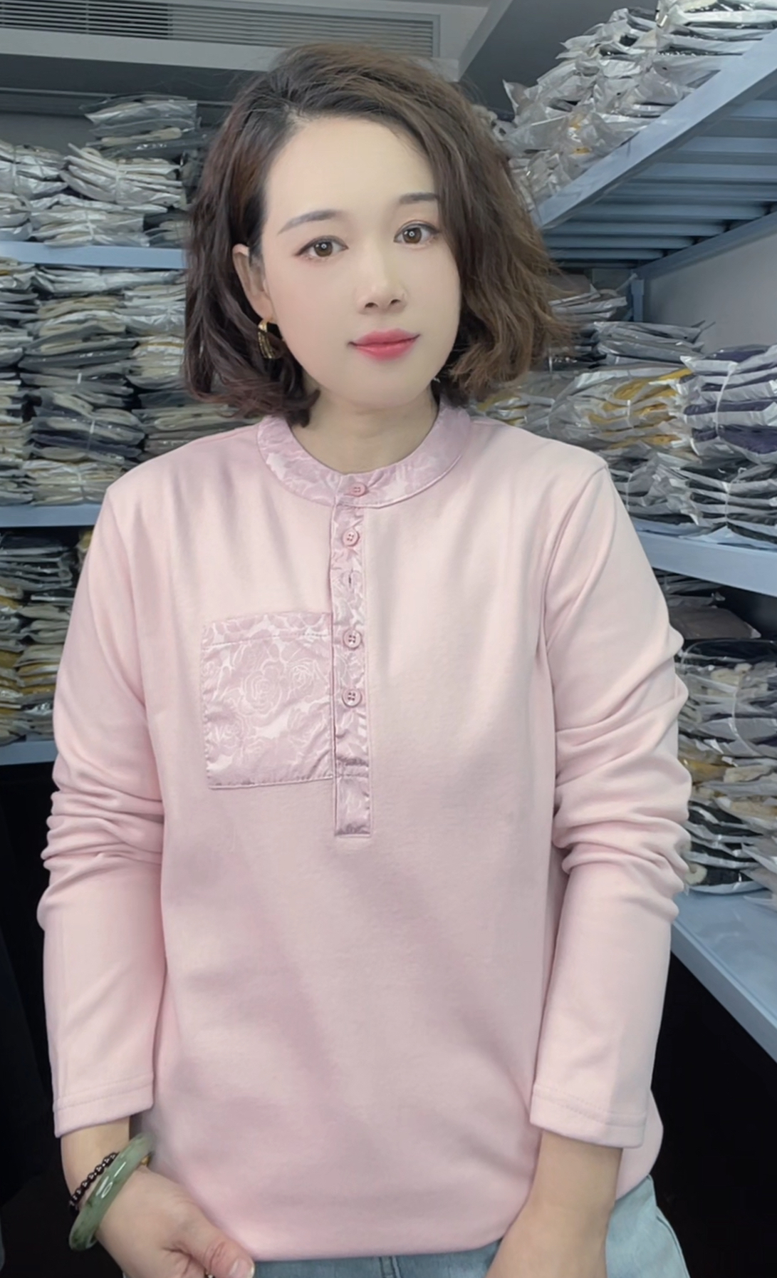 气质法式圆领长袖宽松显瘦拼接提花口袋秋冬加厚设计感百搭打底衫