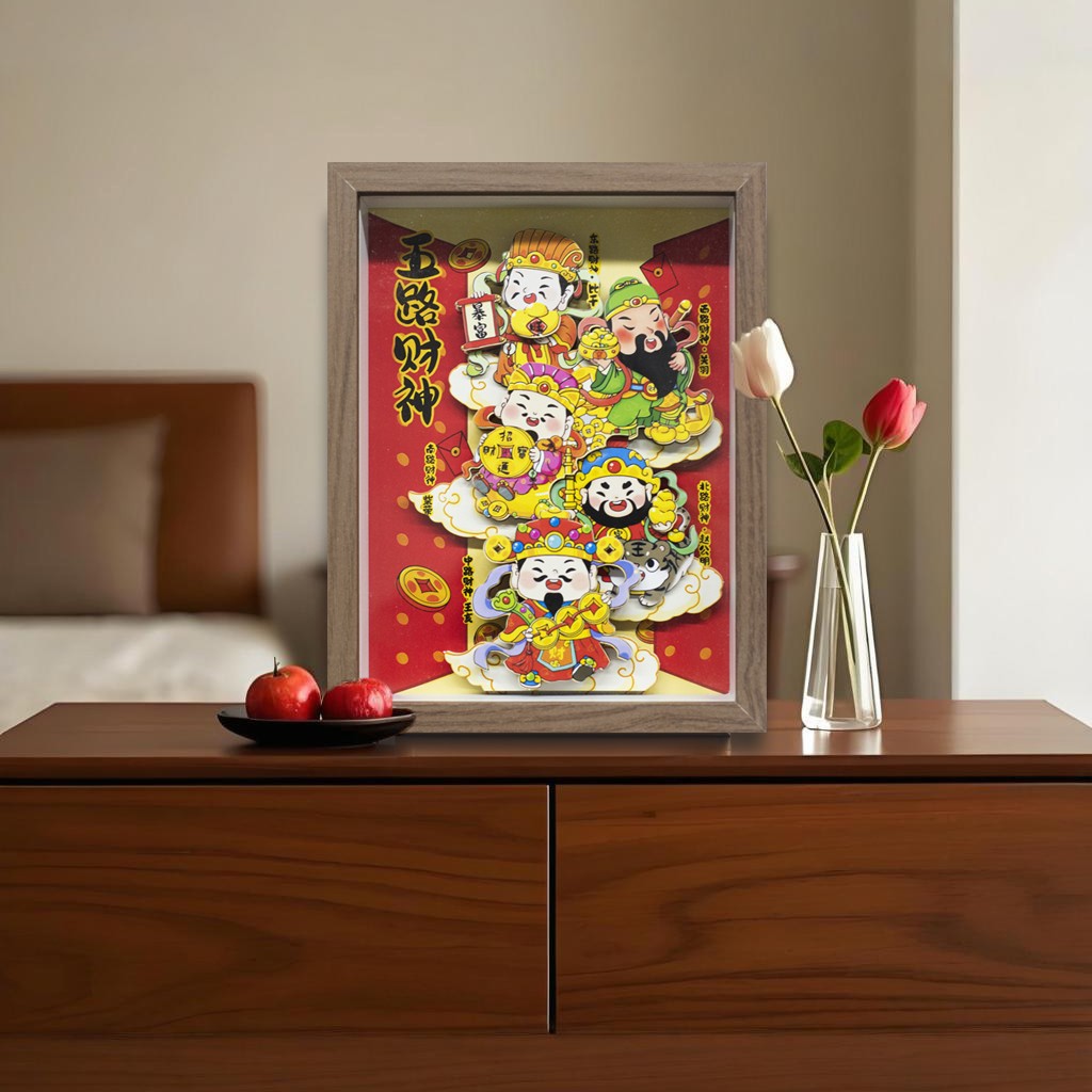 新中式财神爷五福临门相框摆台办公室桌面个性发财装饰画财神1722