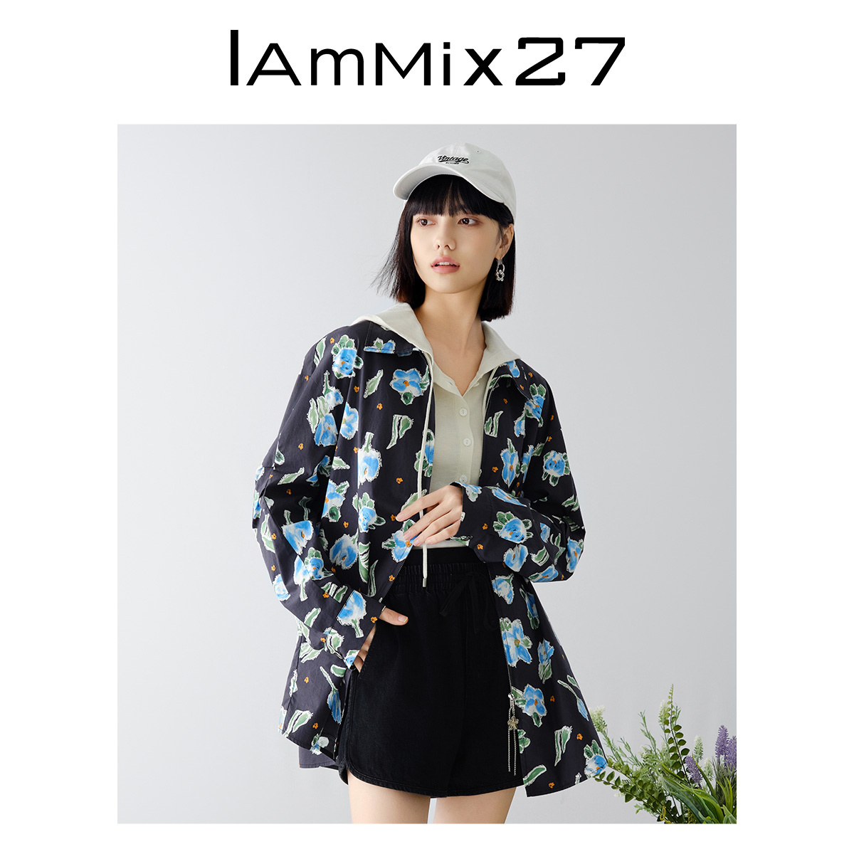 Iammix27全棉翻领衬衫女宽松大廓形印花压褶落肩休闲衬衣M4A3006