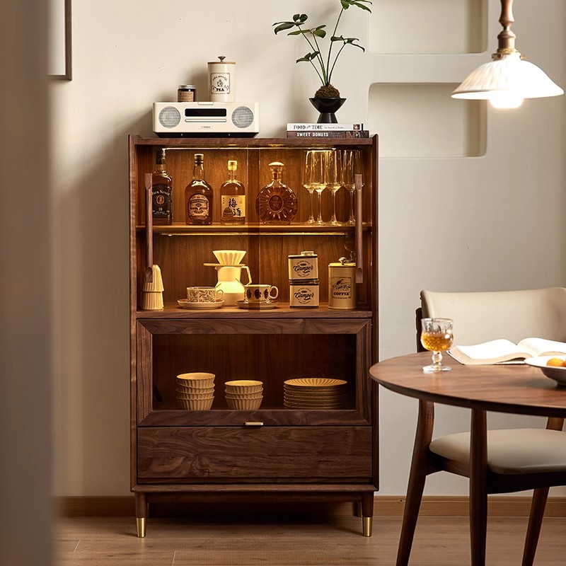 轻奢北美黑胡桃木玻璃酒柜北欧简约实木立柜家用收纳展示储物柜