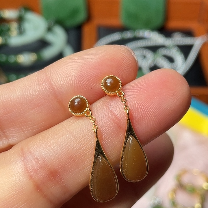 和田玉（糖玉）银S925镶嵌耳饰