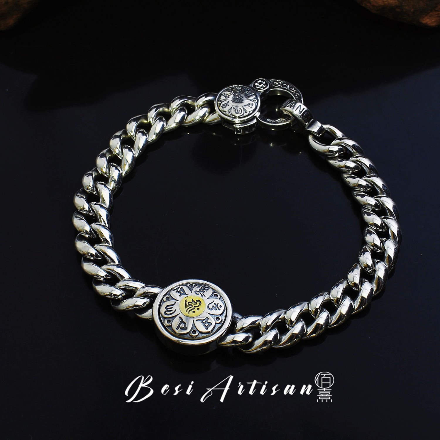 925银手链 纯银六字真言古巴手链民族风霸气小众可转动男士手饰