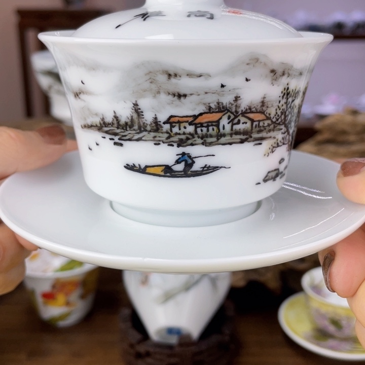 杯盖碗手绘釉下彩