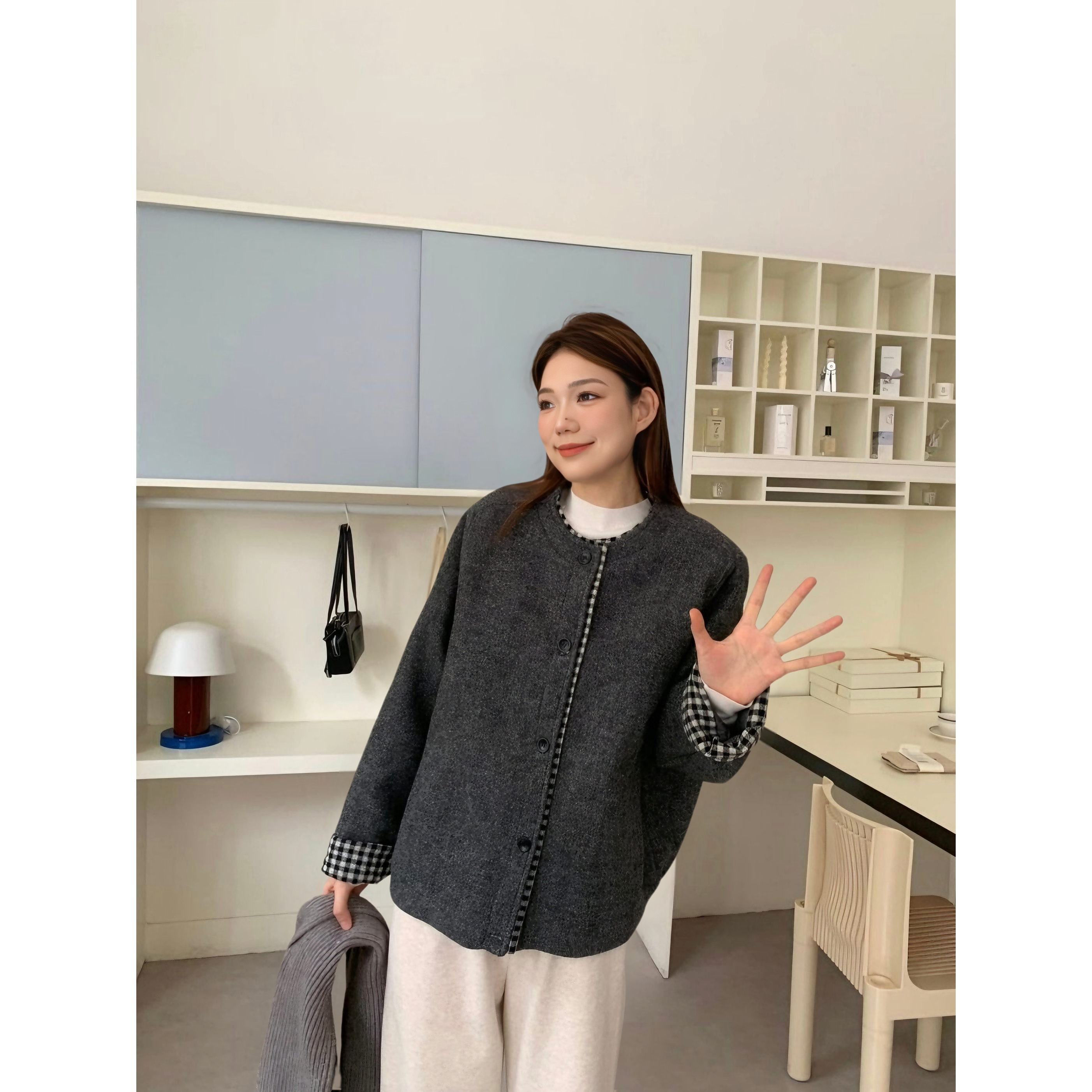 48H【毛呢棉衣】加长小香风圆领单排扣宽松短款羊毛呢外套25273