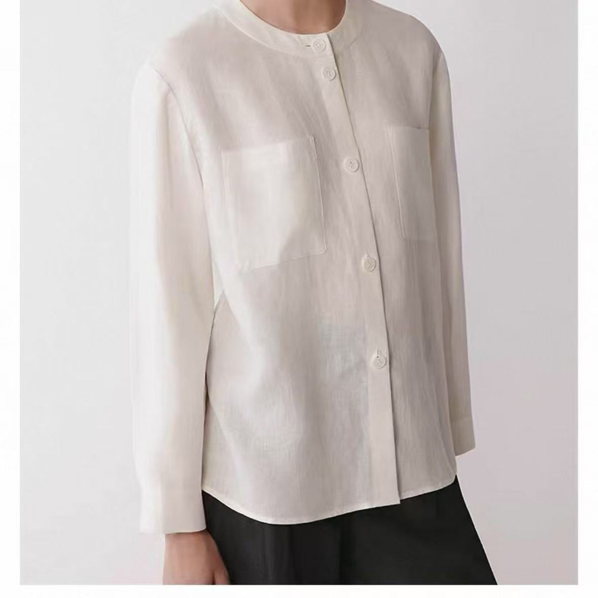 <老尚家095>薄款常规长袖圆领亚麻平纹衬衫外套