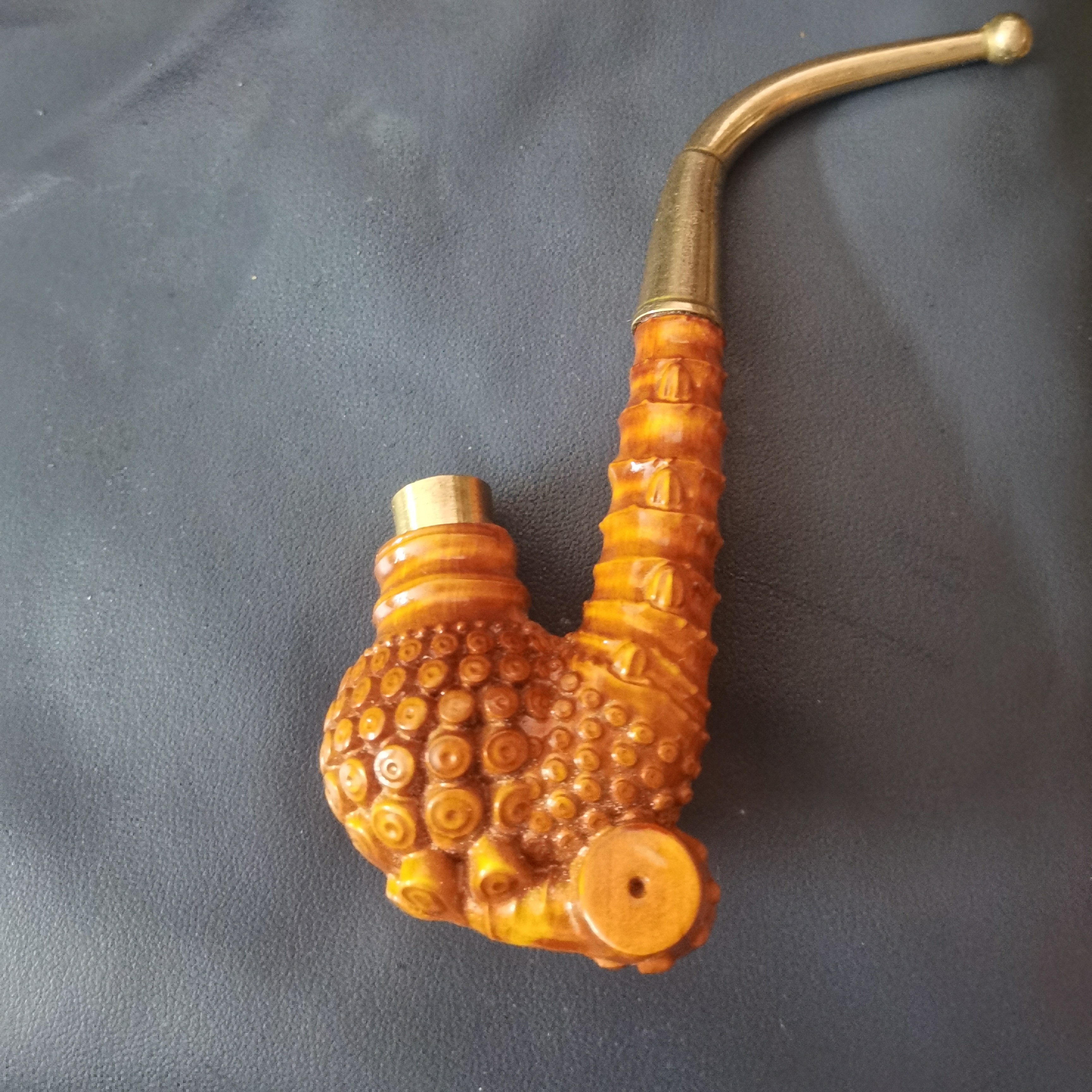 实心竹民间雕刻大一体烟杆18公分左右带铜嘴手把件