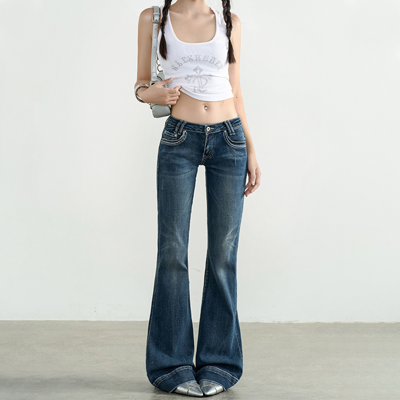 蓝灰低腰弹力微喇牛仔裤女冬季新款复古修身阔腿显瘦马蹄喇叭裤子