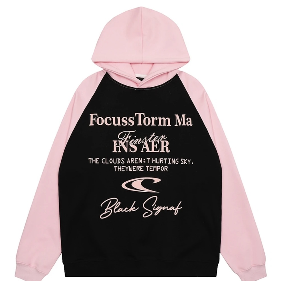 鑫米服饰-美式复古撞色插肩袖印花卫衣情侣帽衫-男女同款80215